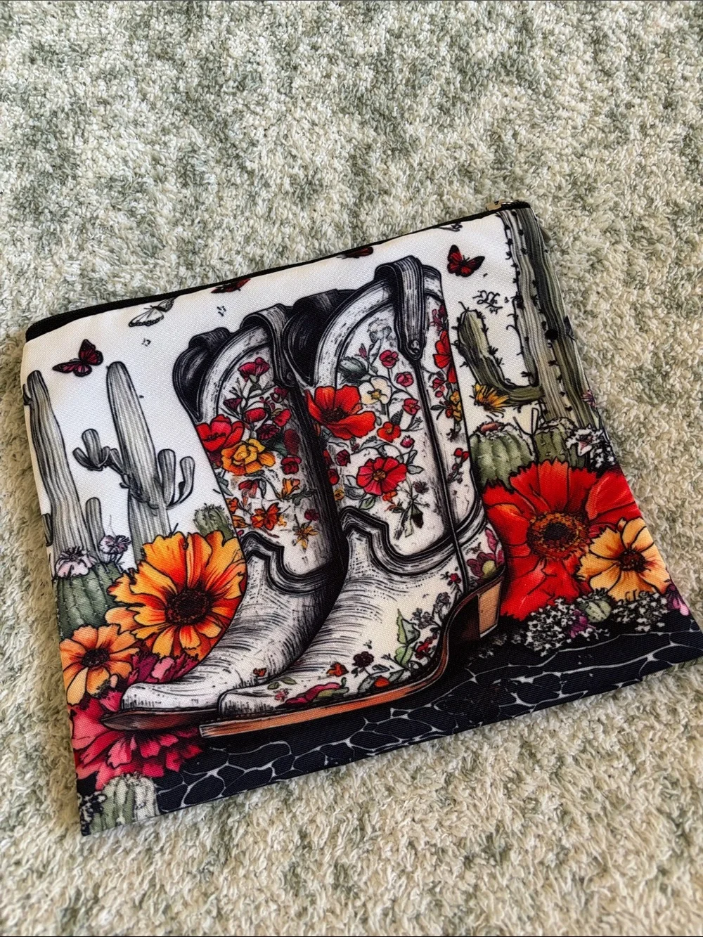Western Santa Fe Floral Cactus Cowboy Boot Cosmetic Travel Bag Zipper Pouch NWT